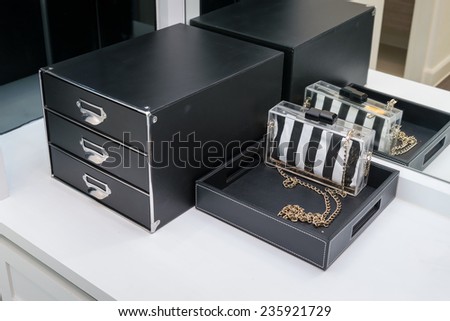handbag and makeup box on a dressing table