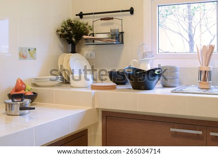 white clean counter in kitchen with utensil at home