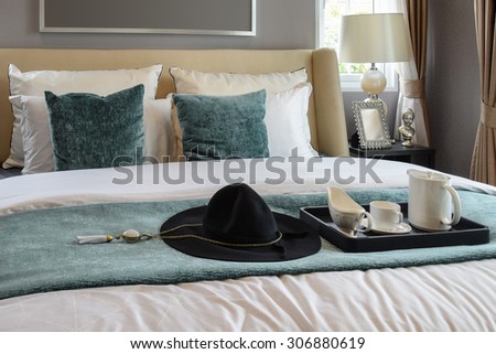 black tray of tea set in classic style bedroom at home
