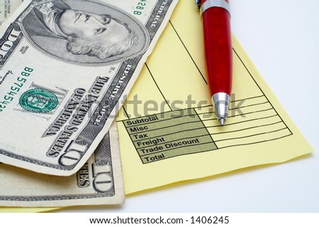 Blank invoice with pen and money (dollars) on white background