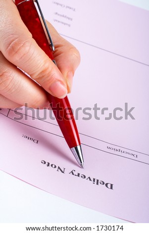 Writing blank delivery note with pen on white background