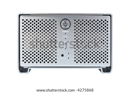 External hard drive isolated on white background. Front view