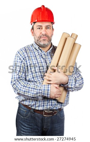Construction worker holding cardboard tubes containing blueprints, isolated on a white background