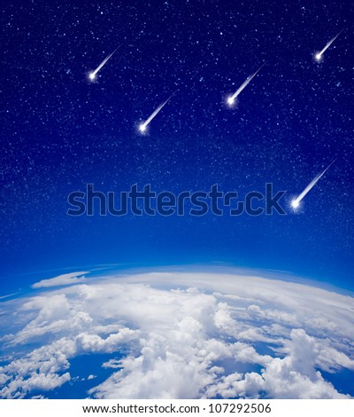 High altitude view between sky and space with meteors