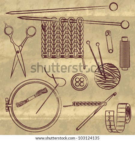 Sewing And Needlework Related Symbols On Old Paper Background Stock ...