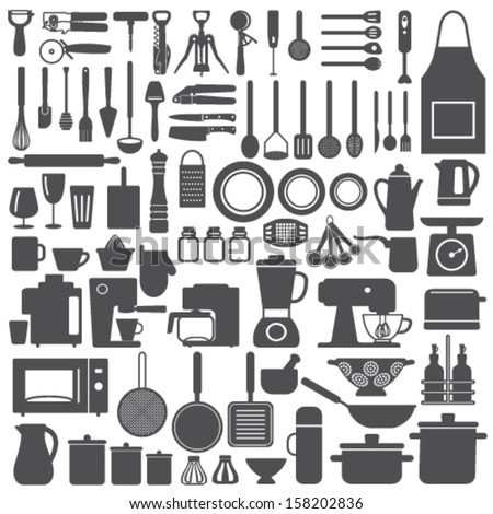 Kitchen related utensils and appliances silhouette icons vector set