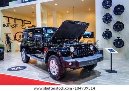 NONTHABURI, THAILAND - MARCH 31: The Jeep Wrangler Sahara is on display at the 35th Bangkok International Motor Show 2014 on March 31, 2014 in Nonthaburi, Thailand.