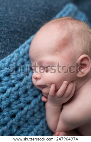 Newborn infant baby asleep posed on a blanket, curled up for a nap