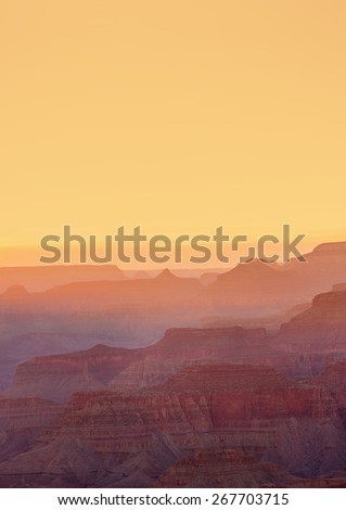 Sunrise view of the Grand Canyon from the famous Mather Point along the South Rim, Arizona landmark