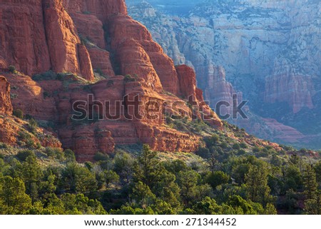 View of red rocks of Courthouse Butte in Sedona, Arizona, AZ, an American landmark