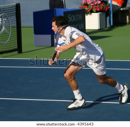 Tim Henman, a star of Britain\'s pro tennis, preparing to volley at the US Open Series event, Leggmason 2007, in Washington DC.