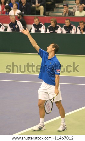Member of the French Davis Cup tennis team Llodra serving during a doubles match on April 12, 2008, in Winston Salem (Llodra and Clement defeated # 1 doubles team Bryan brothers)