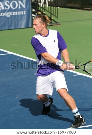 Tennis Backhand - Alex Bogomolov of Russia playing in a qualifying round of the Leggmason Classic Tournament of the US Open Series, August 9, 2008