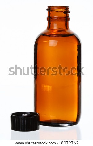 Isolated Generic Brown Glass Bottle, Cap Off, Against White, Bit of Reflection