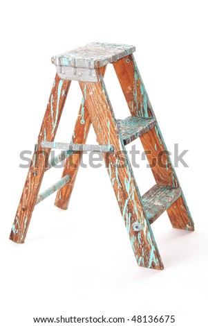Paint splattered, two-step, wooden step stool, isolated against white background.
