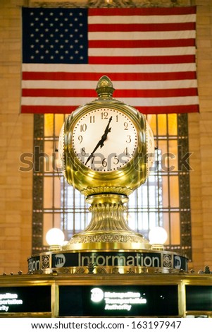 NEW YORK, USA - CIRCA SEPT. 2009: Clock in main lobby of Grand Central Terminal on circa Sept. 2009 in New York. Grand Central Terminal is the largest train station in the world by number of platforms.
