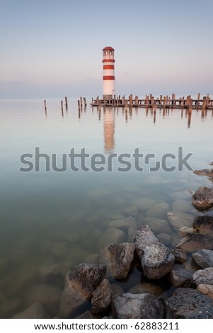 Lighthouse at sunrise in Podersdorf am See which is a small village on lake Neusiedler See, Burgenland, Austria