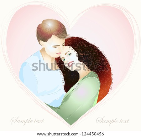 Happy young couple in love. Hand drawn valentines day greeting card.