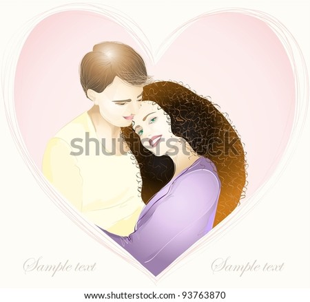 Happy young couple in love. Hand drawn valentines day greeting card.