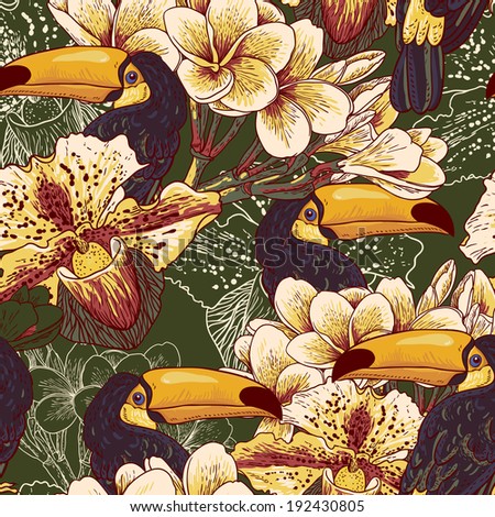 Tropical seamless background with exotic flowers and Toucan