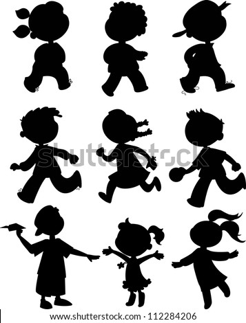 Nine children black silhouettes. Boy and girls walking, running and playing