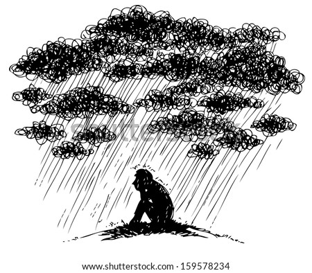 Man under stormy rainy clouds. Concept illustration about sadness and depression.