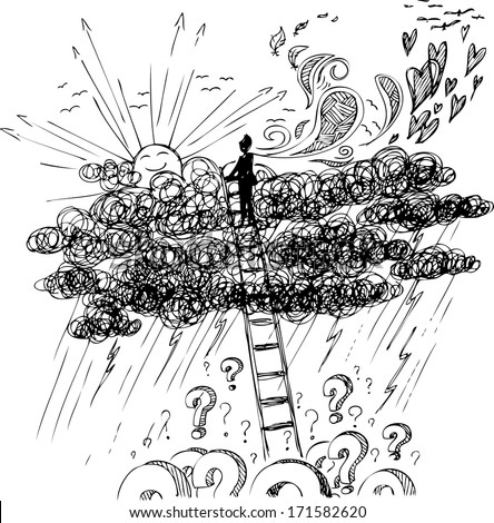 Man with a stair going above stormy rainy clouds