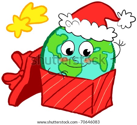 A vector illustration of a stylized earth with a smiling face as a Christmas gift.