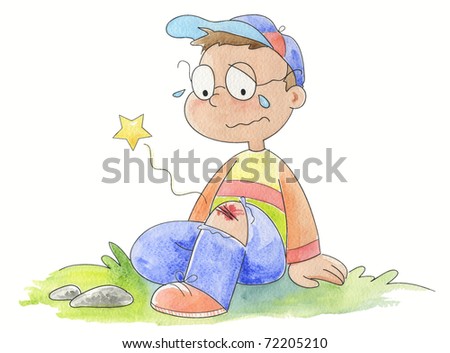 A Crying Boy With A Scratch On His Knee. Illustration Hand Made With ...