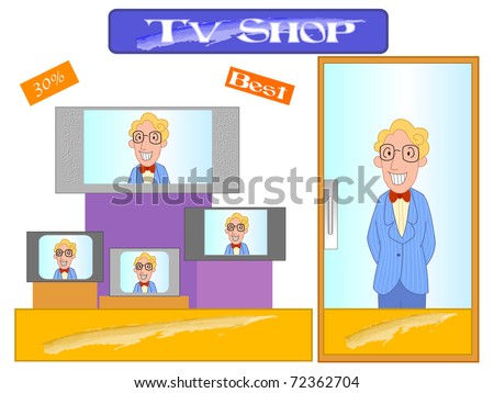salesman selling televisions in an electronic store surrounded by tv sets.