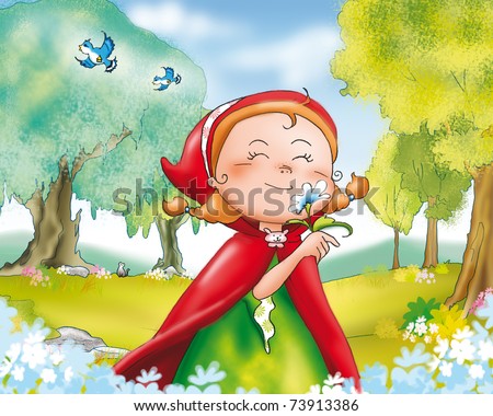 Red Riding Hood Picking Flowers In The Wood. Stock Photo 73913386 ...