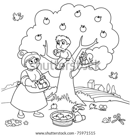 Mother And Child Picking Apples. Funny Coloring Illustration ...