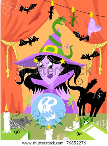 Halloween\'s ugly witch with magic sphere.