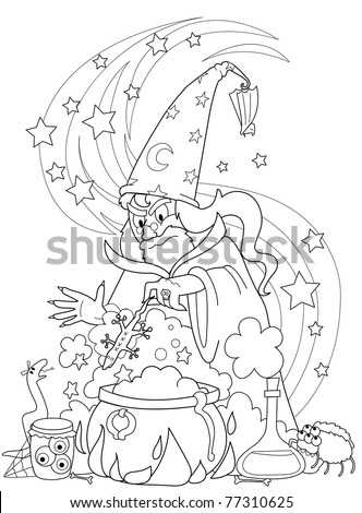 Wizard cooking a magic potion in a cauldron. Black and white illustration.