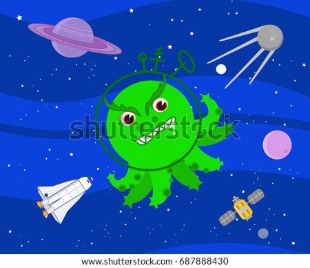 Evil green octopus martian in the deep space, cartoon vector