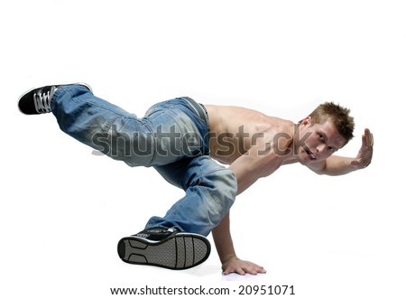 B-boy dancer standing on one arm with lifted legs left arm lifted up