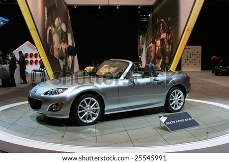 CHICAGO, FEBRUARY 18, 2009: The Mazda MX-5 receives new frontal features, crisper lines and flared fenders. It is the world\'s most popular convertible sports car. Displayed at the Auto Show 2009 in Chicago.