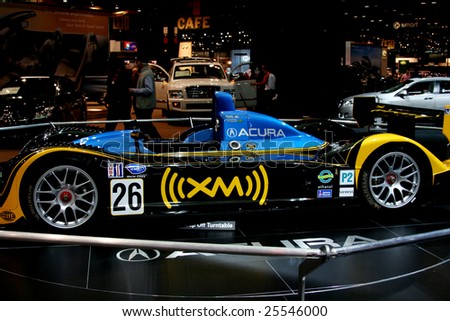 CHICAGO, FEBRUARY 18, 2009: The Acura XM Race car (powered by Acura) took first in the LMP2 class at the historic Twelve Hours of Sebring race. Displayed at the Auto Show 2009 in Chicago.