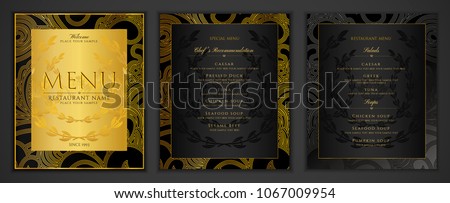 Design Restaurant Menu template in black color with gold frame pattern (border). Elegant luxe black and gold cover useful for Creative Cafe Menu, brochure, coffee house, wedding invitation design