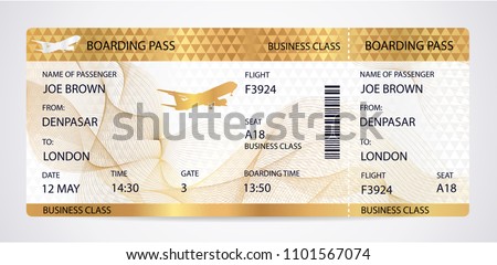 Golden Boarding pass (ticket, traveler check template) with aircraft (airplane or plane) on gold guilloche background. Travel by Aerial Transport. Vacation vip class. Isolated vector on white