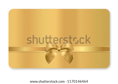 Gift card (Gift card discount), Holiday reward card, Blank Gift coupon with golden ribbon, gold bow and golden pattern. Metal background design for voucher template design, invitation, ticket. Vector
