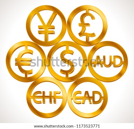 World currencies signs: dollar icon, euro sign, pend sterling symbol, Swiss frank etc. Isolated golden icons design, web currency banking concept vector illustration