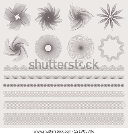 This is set of watermarks and borders. Guilloche pattern for banknote, diploma, certificate, note, currency, voucher or money design. EPS 8