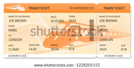 Vector Train ticket, Rail pass design, traveler check (template / layout) with train on orange background. Travel by Railway Transport. Enjoy your vacation. Isolated vector