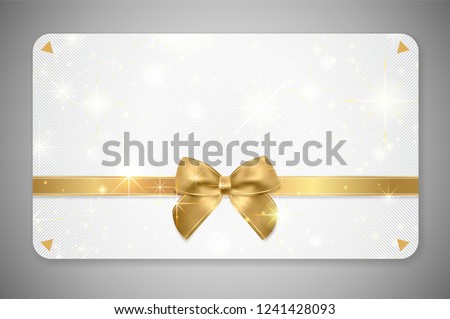 Gift card (Gift card discount), Gift coupon with golden ribbon, gold bow and star pattern. White background design (light) for voucher template design, invitation, ticket. Vector