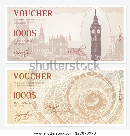 Gift Voucher (coupon) template with guilloche pattern (watermarks). Background with Big Ben (London),  Astronomical Clock (Prague) usable for coupon, banknote, ticket, currency etc. Vector