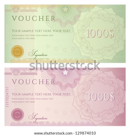 Voucher template with guilloche pattern (watermarks) and border. This background design usable for gift voucher, coupon, banknote, certificate, diploma, check, currency etc. Vector illustration