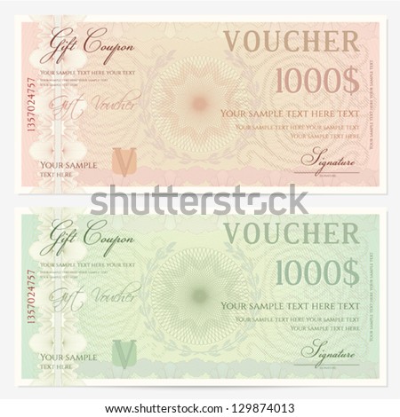 Voucher template with guilloche pattern (watermarks) and border. Background design usable for gift voucher, coupon, banknote, certificate, diploma, check, currency etc. Vector in green, beige colors