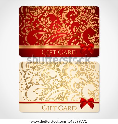 Red and gold gift card (discount card) with floral pattern and red bow (ribbons). This background design usable for gift coupon, voucher, invitation, ticket etc. Vector also available