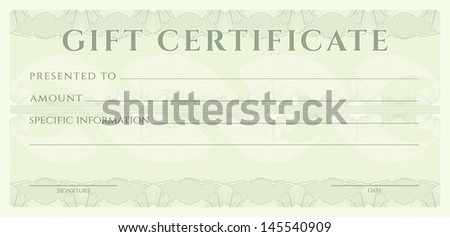 Gift certificate, Voucher, Coupon template (layout) with guilloche pattern (watermark), border. Background for banknote, money design, currency, note, check, ticket, cheque, reward. Blue color. Vector